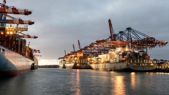 container ships, ships, port, logistics, hamburg, export, transport, freight, delivery, broadcast, cargo ships, container, cranes, freighter, dusk, sunset, logistik, containerschiff, handel, terminal